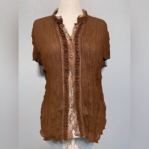 Brown Crinkle Lace Blouse Ruffle Sheer Boho Fairy Grunge Whimsigoth Goblin Small